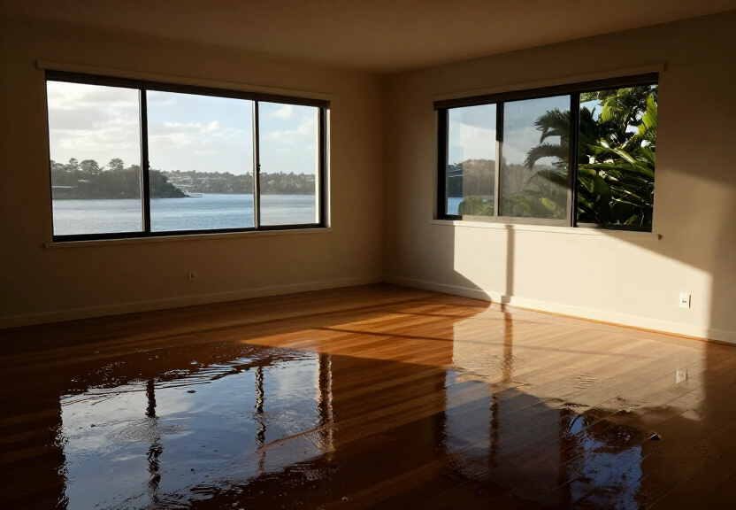 Flooded living room in Thornleigh before water extraction